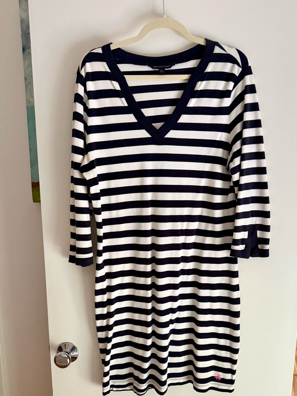 ⁠"346" Brooks Brothers Striped V-Neck Dress | Navy Blue & White | Size L⁠